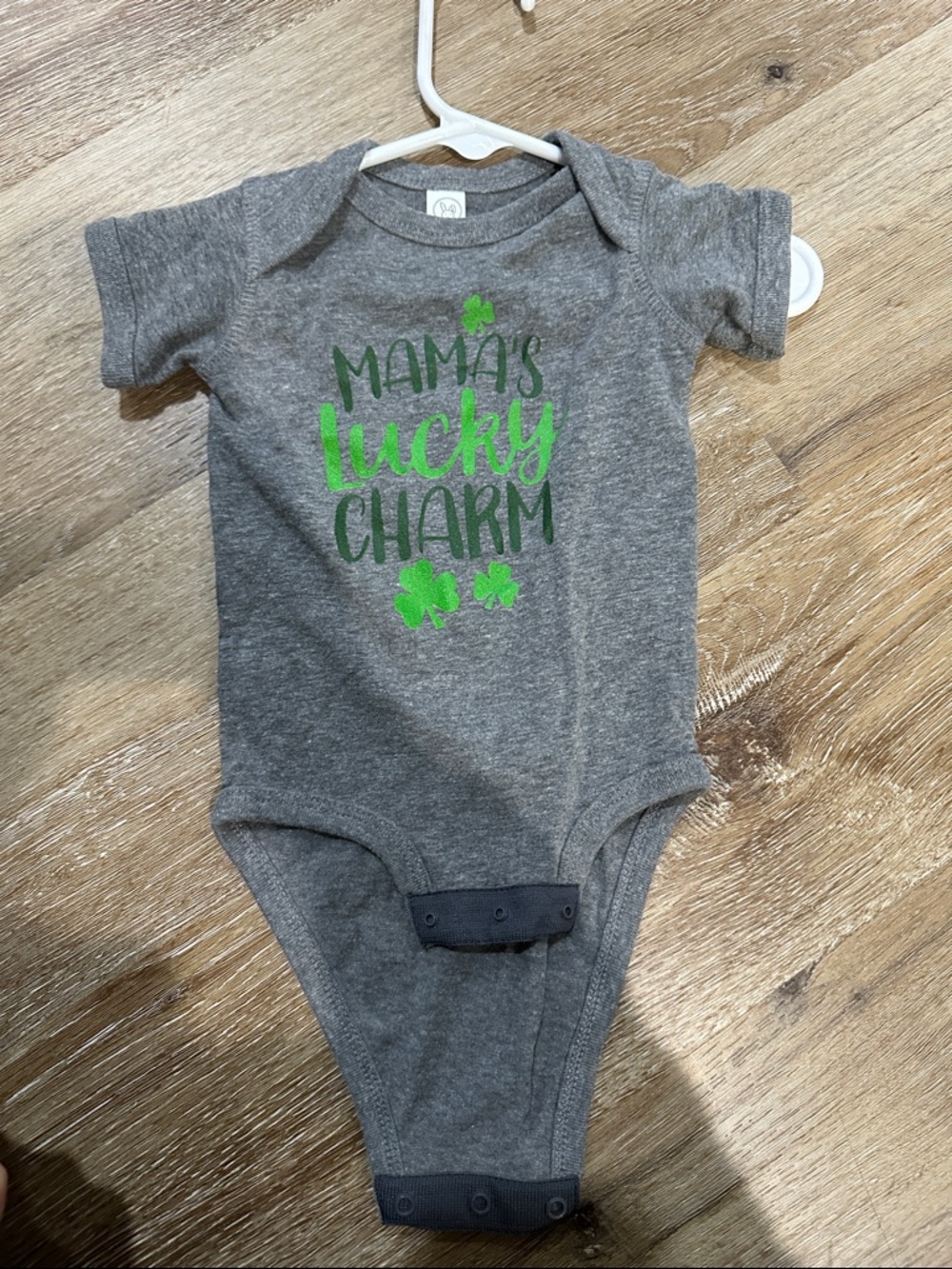 Rabbit Skins Gray Bodysuit with Bright Green 'Mama's Lucky Charm' Print